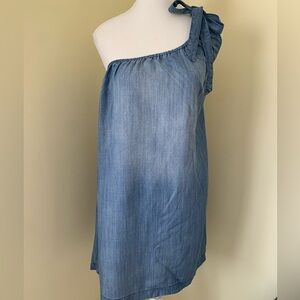 One shoulder chambray dress with bow
